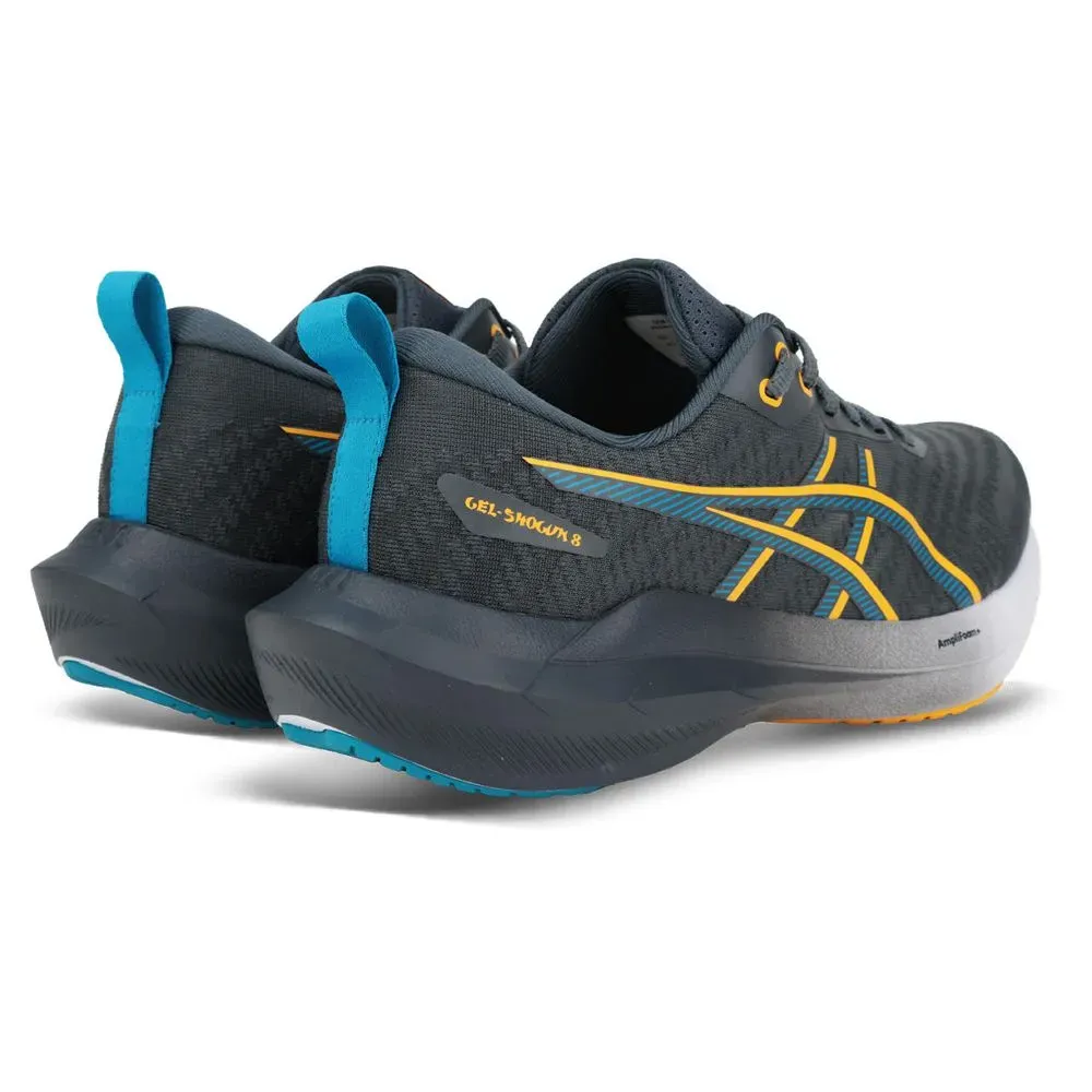 Tênis Asics Gel-Shogun 8 cinza masculino destacando tecnologias e conforto